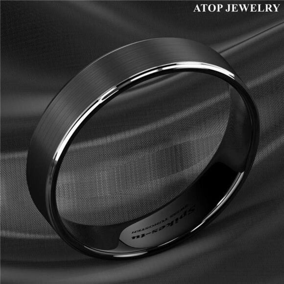 Tungsten Wedding Bands for Men 6mm Black Brushed Silver Stripe Rings for Her - Picture 6 of 8